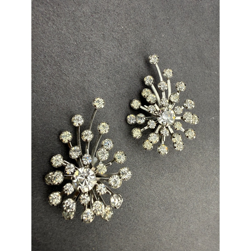 Tara Vintage Rhinestone Starburst Clip On Earrings Statement Cocktail